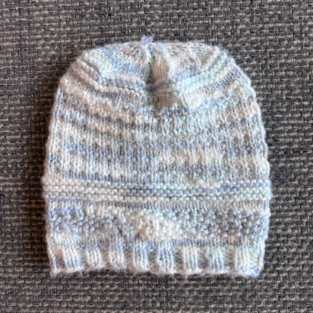Cozy Knit Kids Beanie Blue White Handmade Infant Hat 3 Months Plus Winter Cap